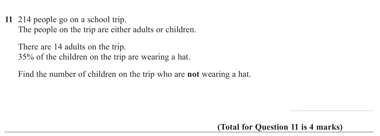 Find how many children on a trip are not wearing hats, given the total, the number of adults and a percentage.