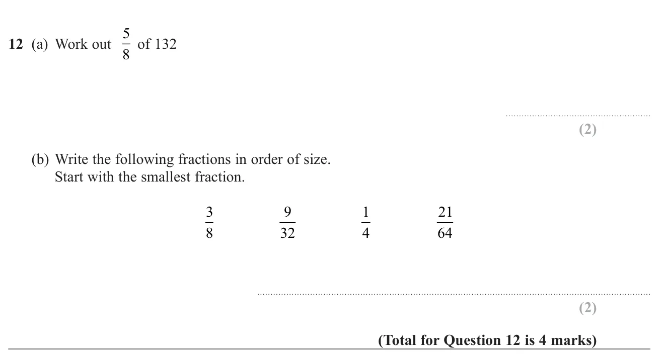 Find a fraction of an amount, then order four fractions from smallest to largest.