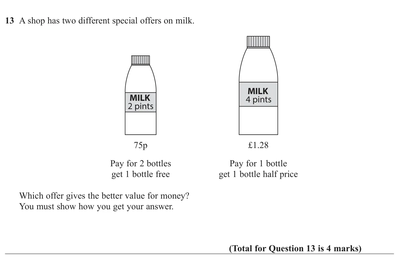 Compare two multi-buy milk offers with different bottle sizes to find the better value.