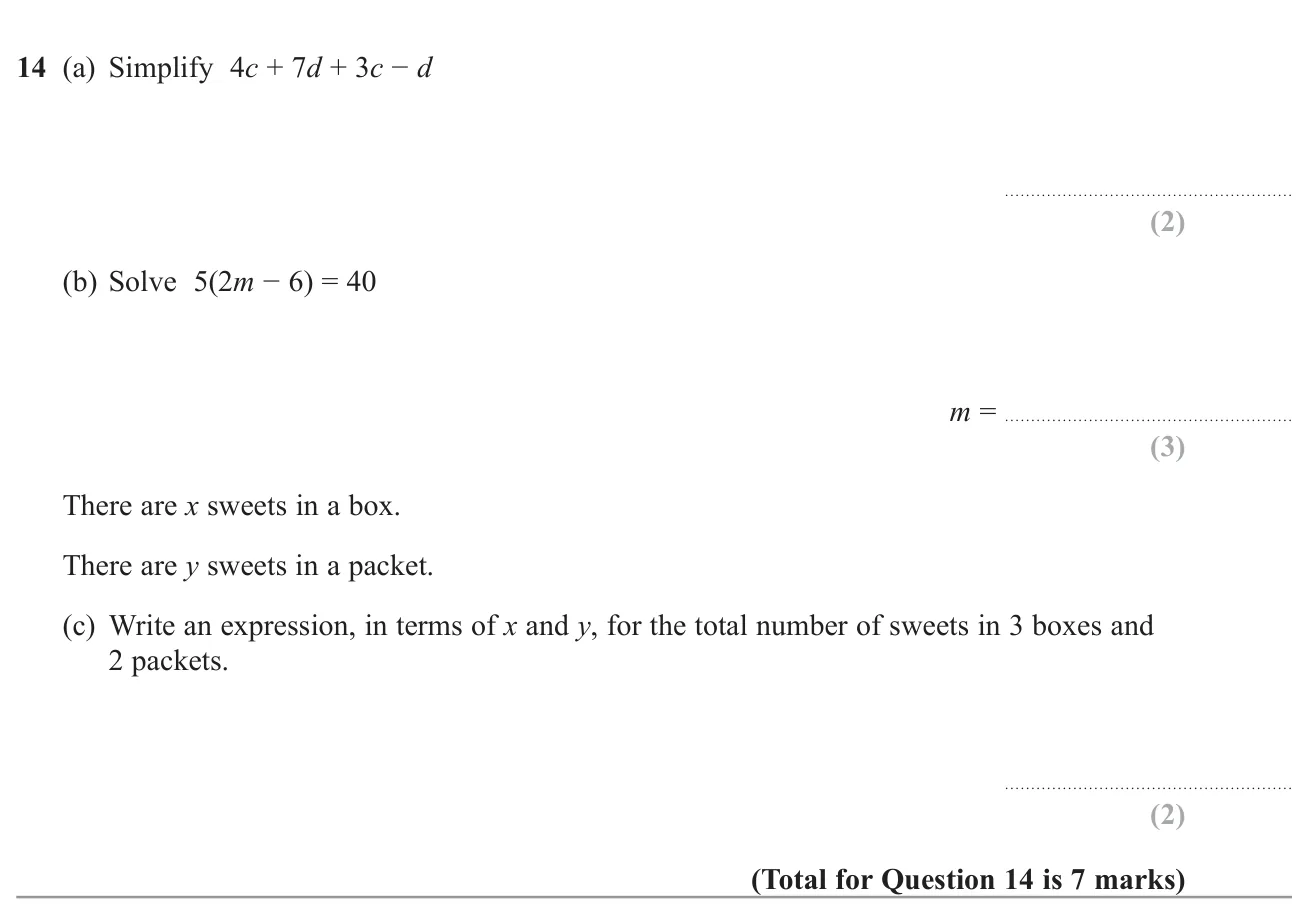 Simplify an expression by collecting like terms, solve an equation with a bracket, and write an expression for a total.