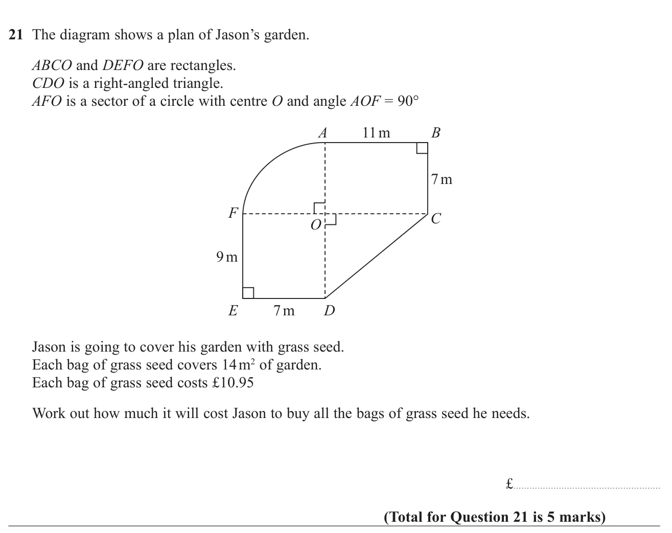 Find the area of a garden made of two rectangles, a triangle and a quarter circle, then the cost of enough bags of seed.