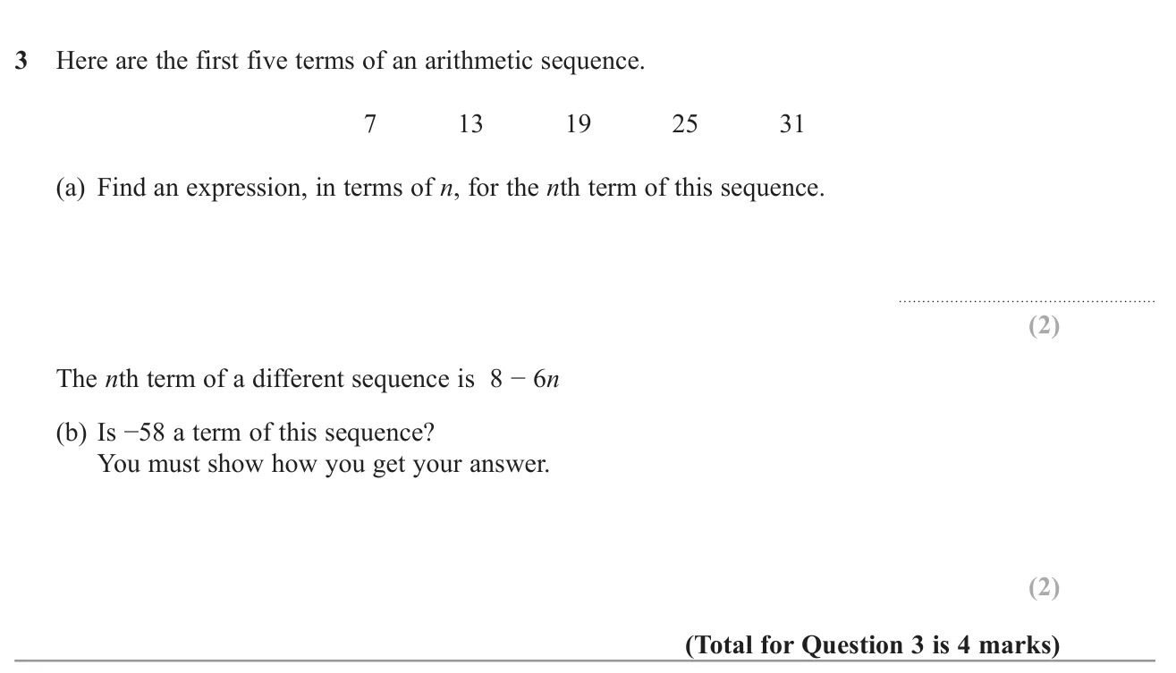 Find the nth term of an arithmetic sequence and decide whether a number belongs to another sequence.