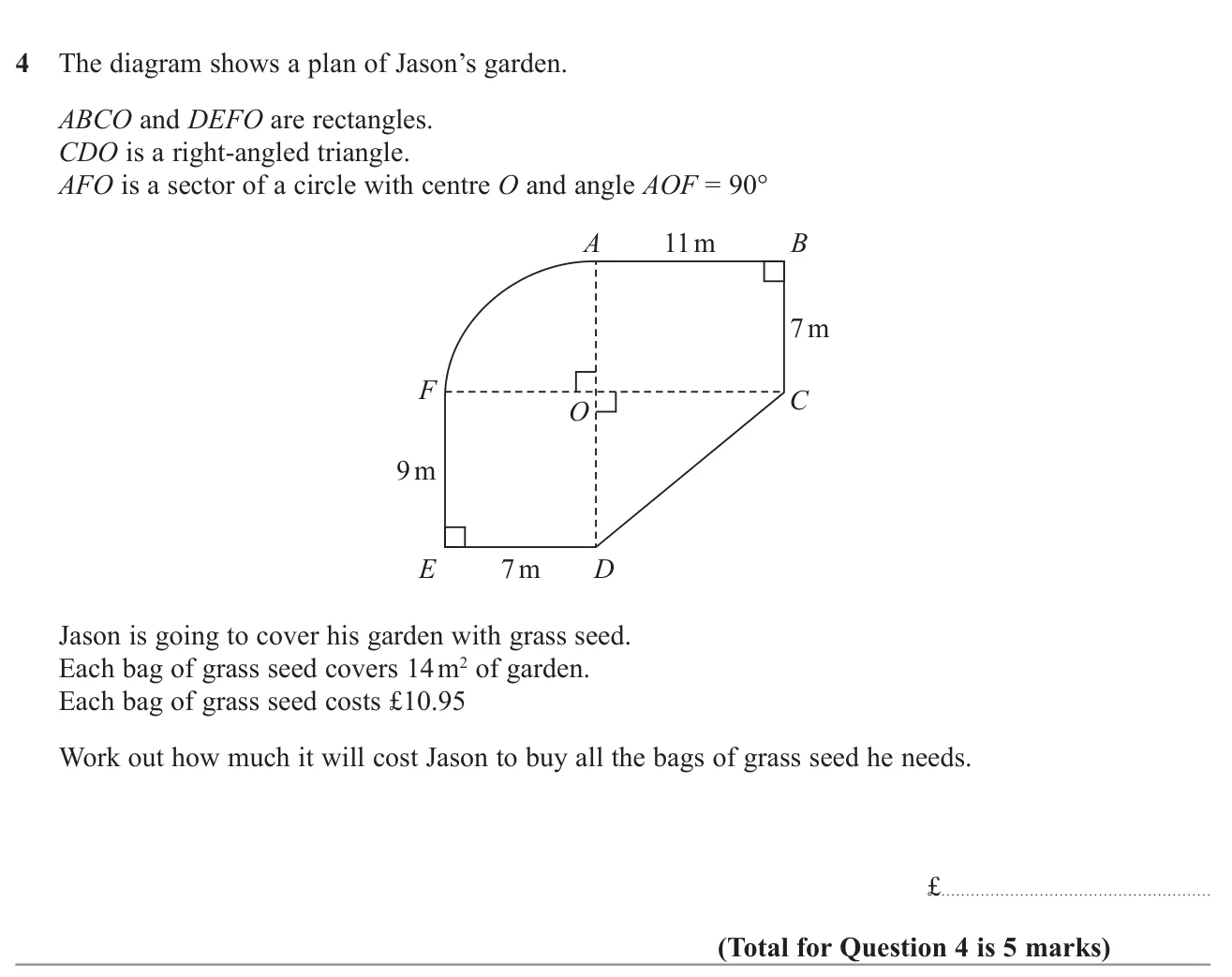 Find the area of a garden made of two rectangles, a triangle and a quarter circle, then the cost of enough bags of seed.