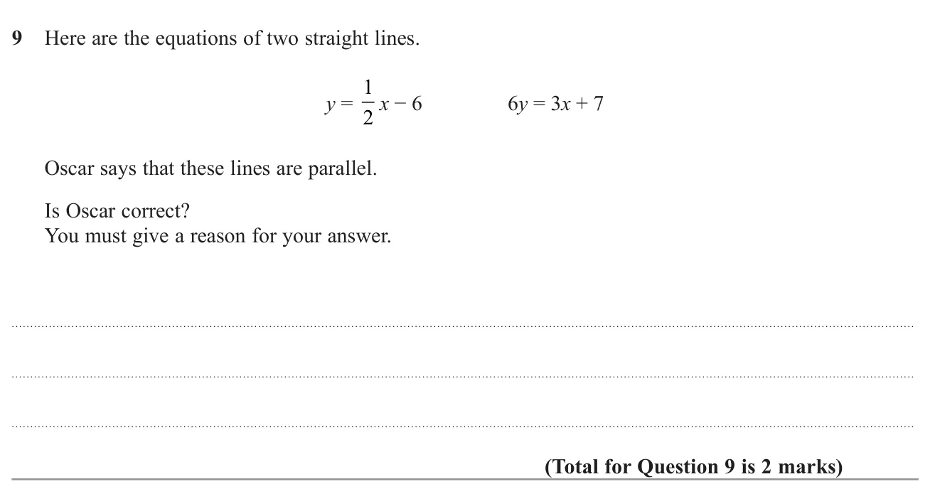 Decide whether two straight lines are parallel by comparing their gradients.