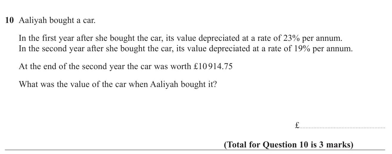 Work backwards from a car's value after two years of depreciation at different rates to find its original price.
