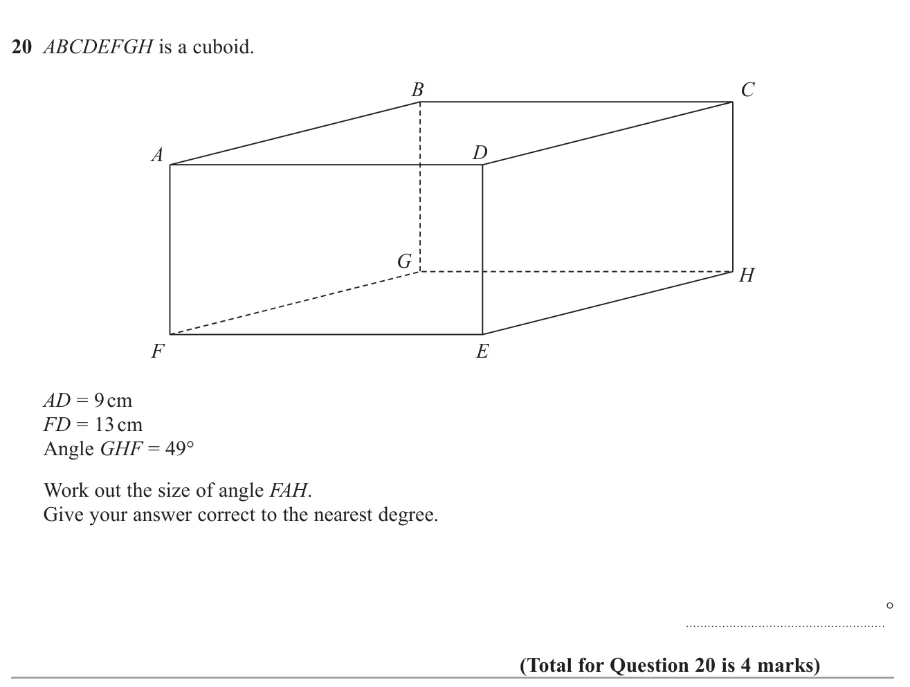 Find an angle inside a cuboid using Pythagoras and trigonometry in two right-angled triangles.