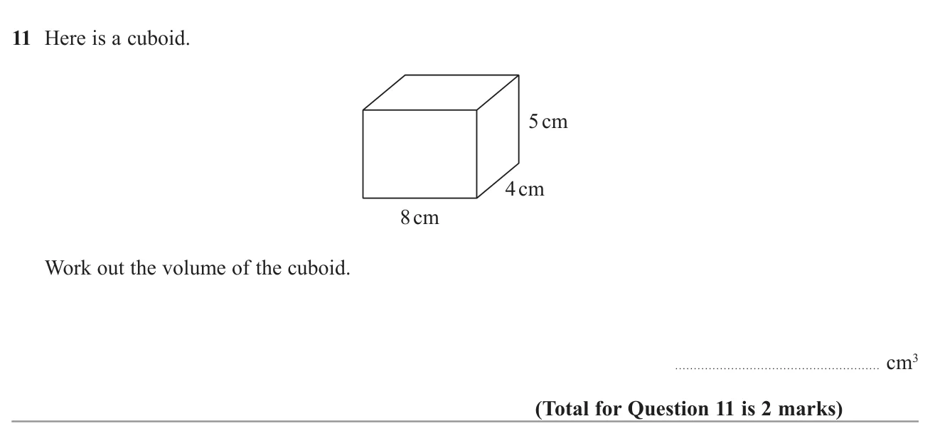 Work out the volume of a cuboid from its three dimensions.
