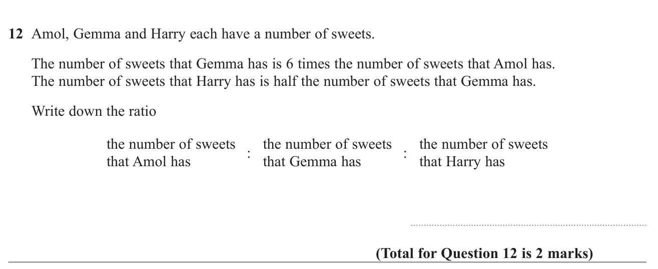 Write a three-part ratio from statements about how many sweets each person has compared with another.