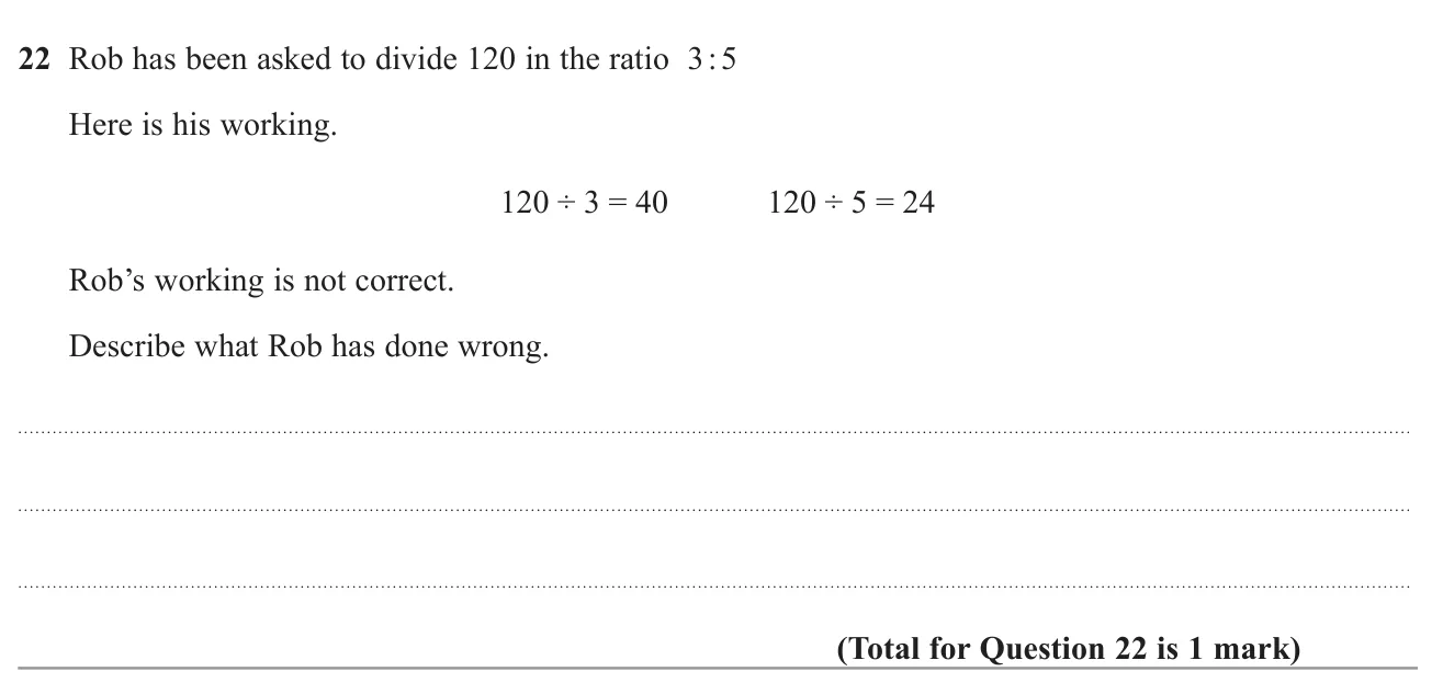 Explain the mistake in a worked attempt to share an amount in a ratio.