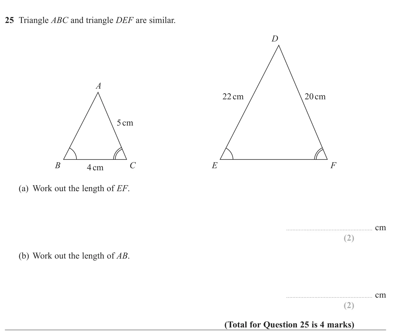 Use a scale factor between similar triangles to find two missing lengths.