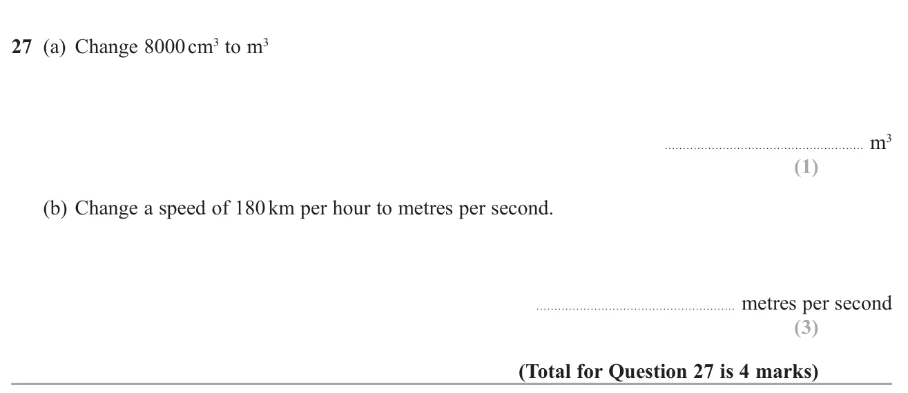 Convert a volume from cm³ to m³ and a speed from km/h to m/s.