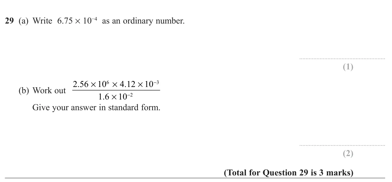 Convert standard form to an ordinary number and evaluate a calculation in standard form.
