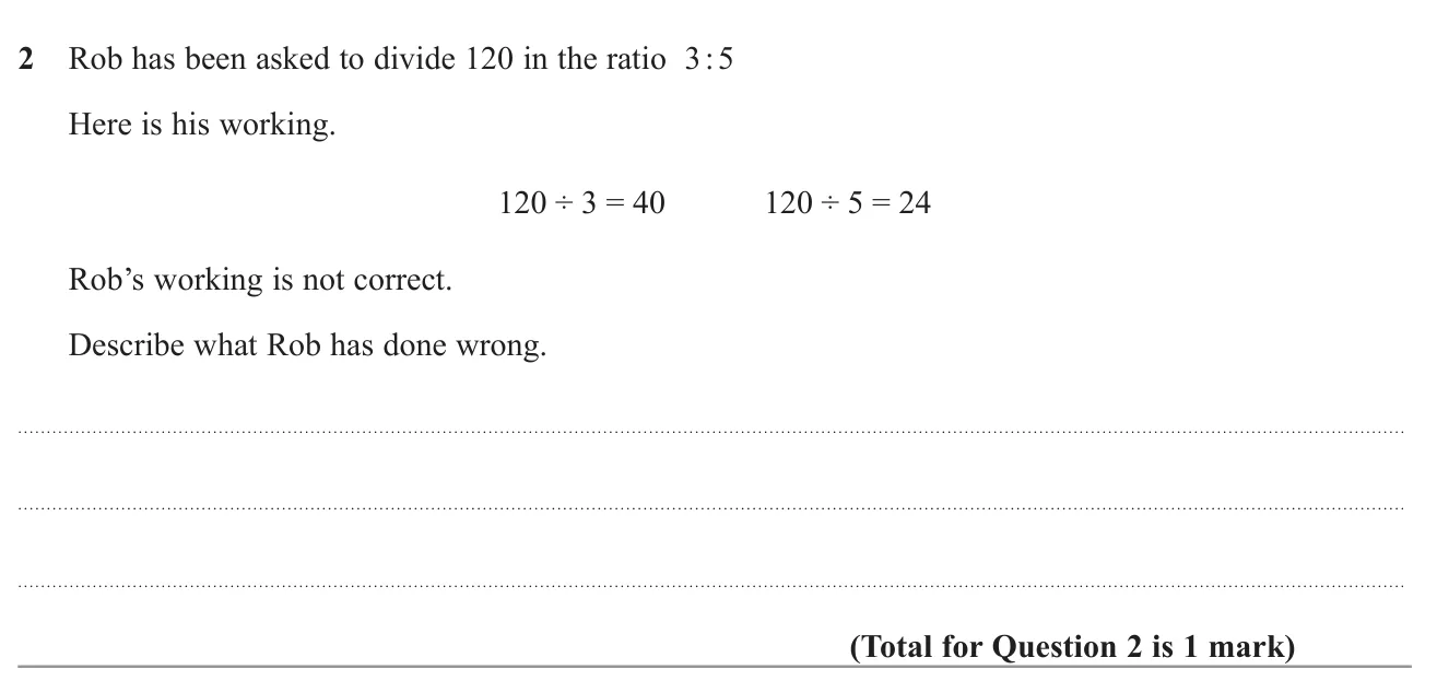 Explain the mistake in a worked attempt to share an amount in a ratio.
