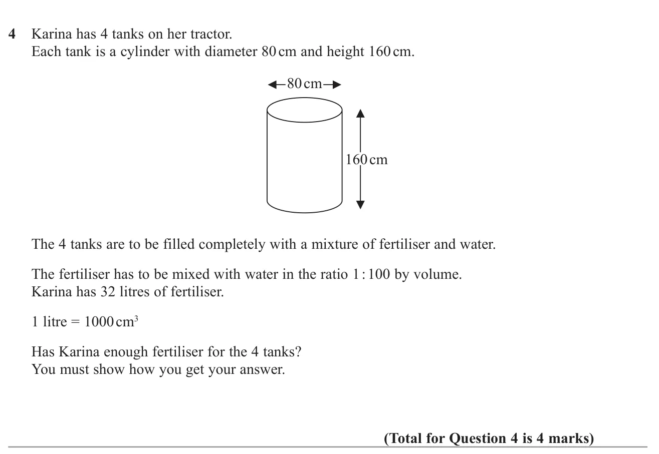 Find the volume of four cylindrical tanks and check whether there is enough fertiliser for a 1 : 100 mix.