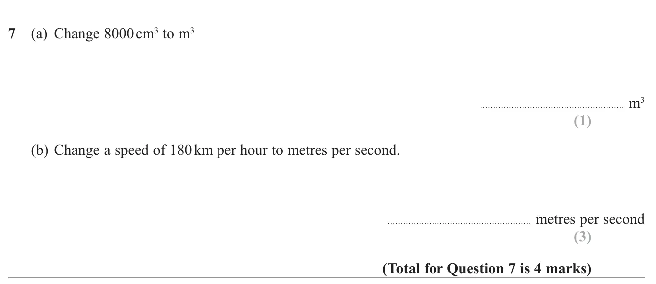 Convert a volume from cm³ to m³ and a speed from km/h to m/s.