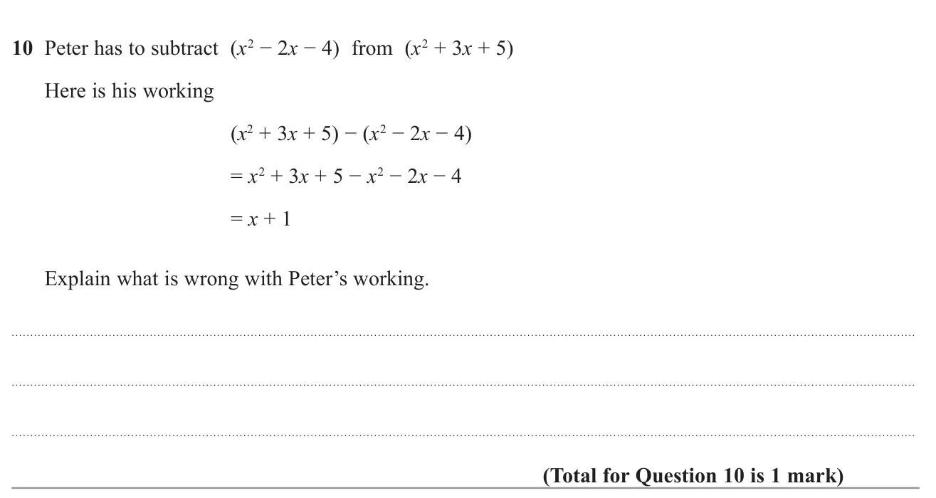 Explain the sign error in someone's subtraction of two quadratic expressions.