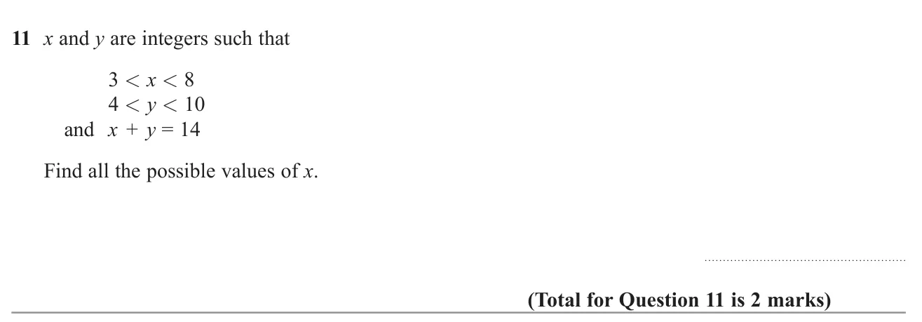 Find every integer value of x that fits two inequalities and a sum condition.