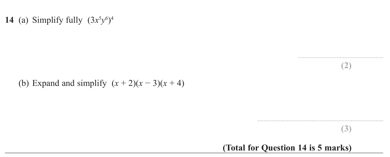 Raise an algebraic term to a power, then expand the product of three brackets.