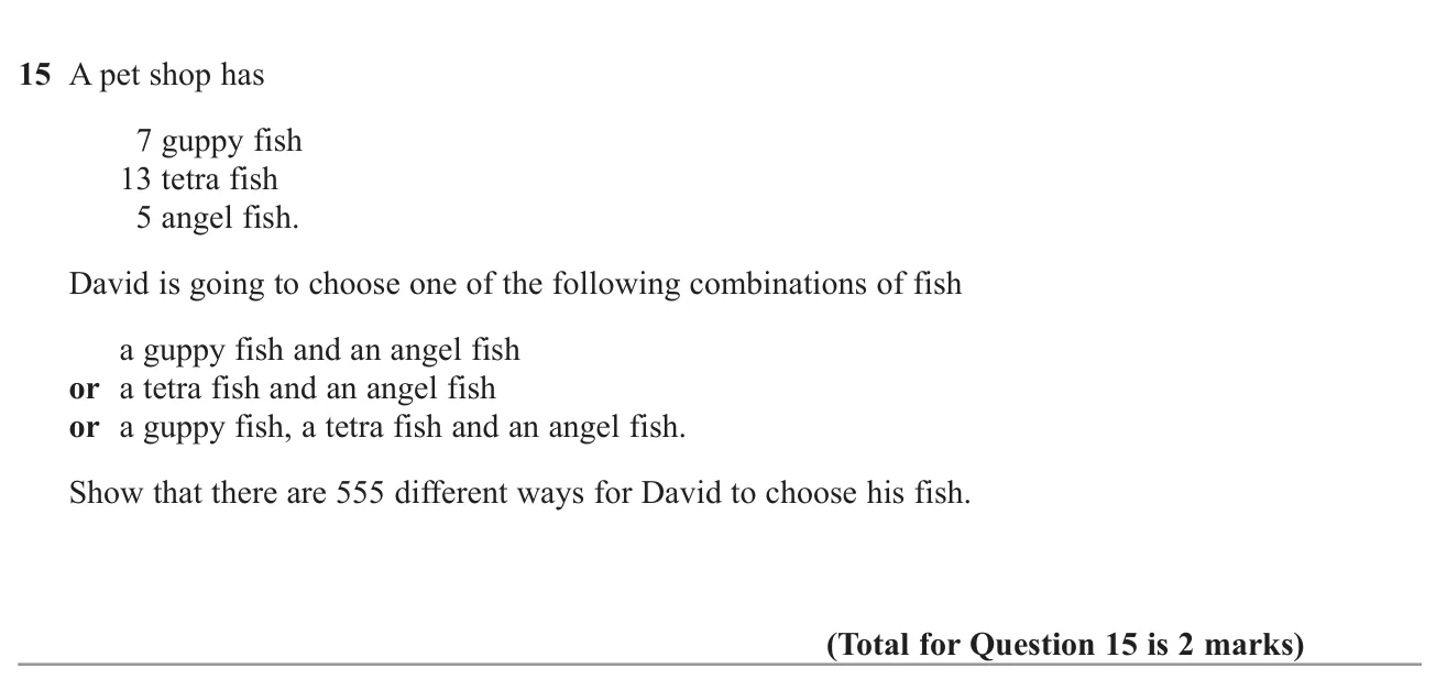 Use the product rule to show the number of ways to choose fish from three combinations.