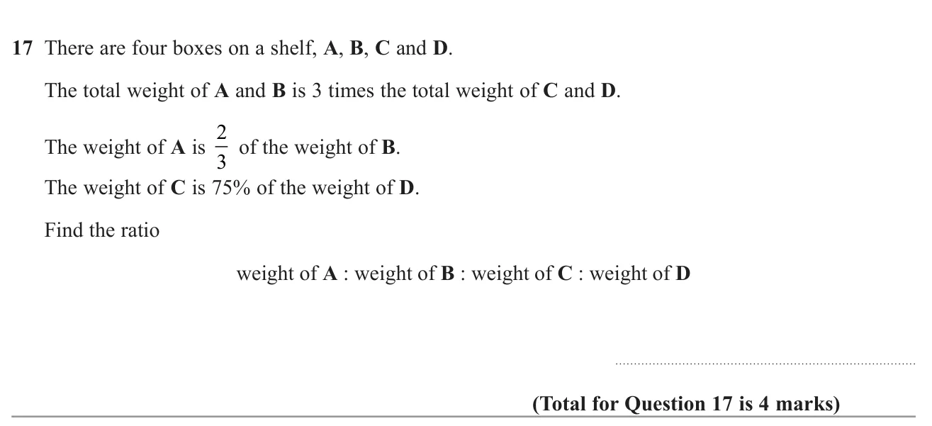 Combine three weight relationships to write the ratio of four boxes' weights in whole numbers.
