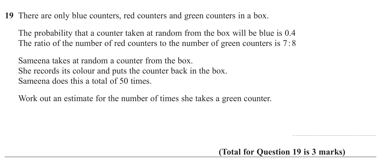 Estimate how often a green counter is picked in repeated trials using a probability and a ratio.
