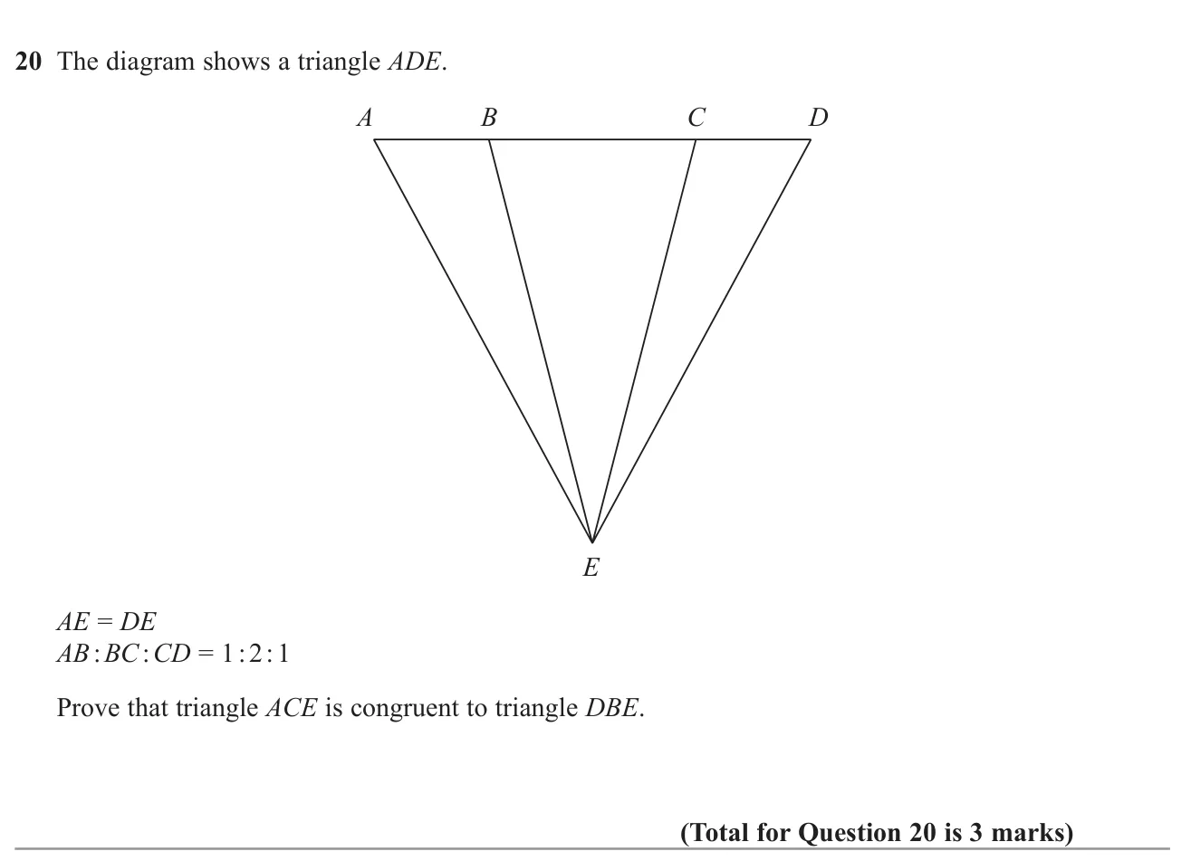 Prove two overlapping triangles inside an isosceles triangle are congruent.