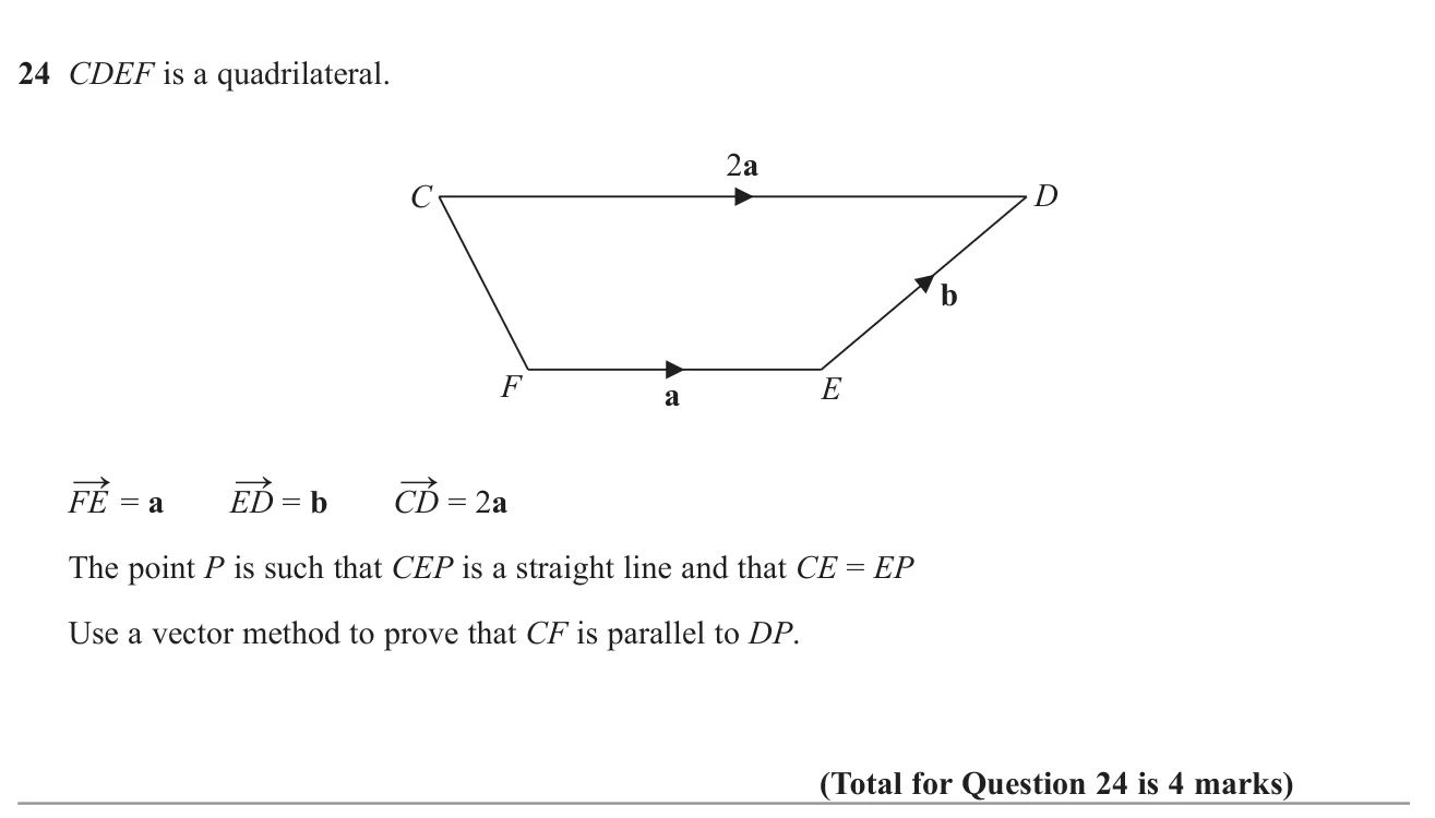 Use vectors to prove that two sides in a quadrilateral diagram are parallel.