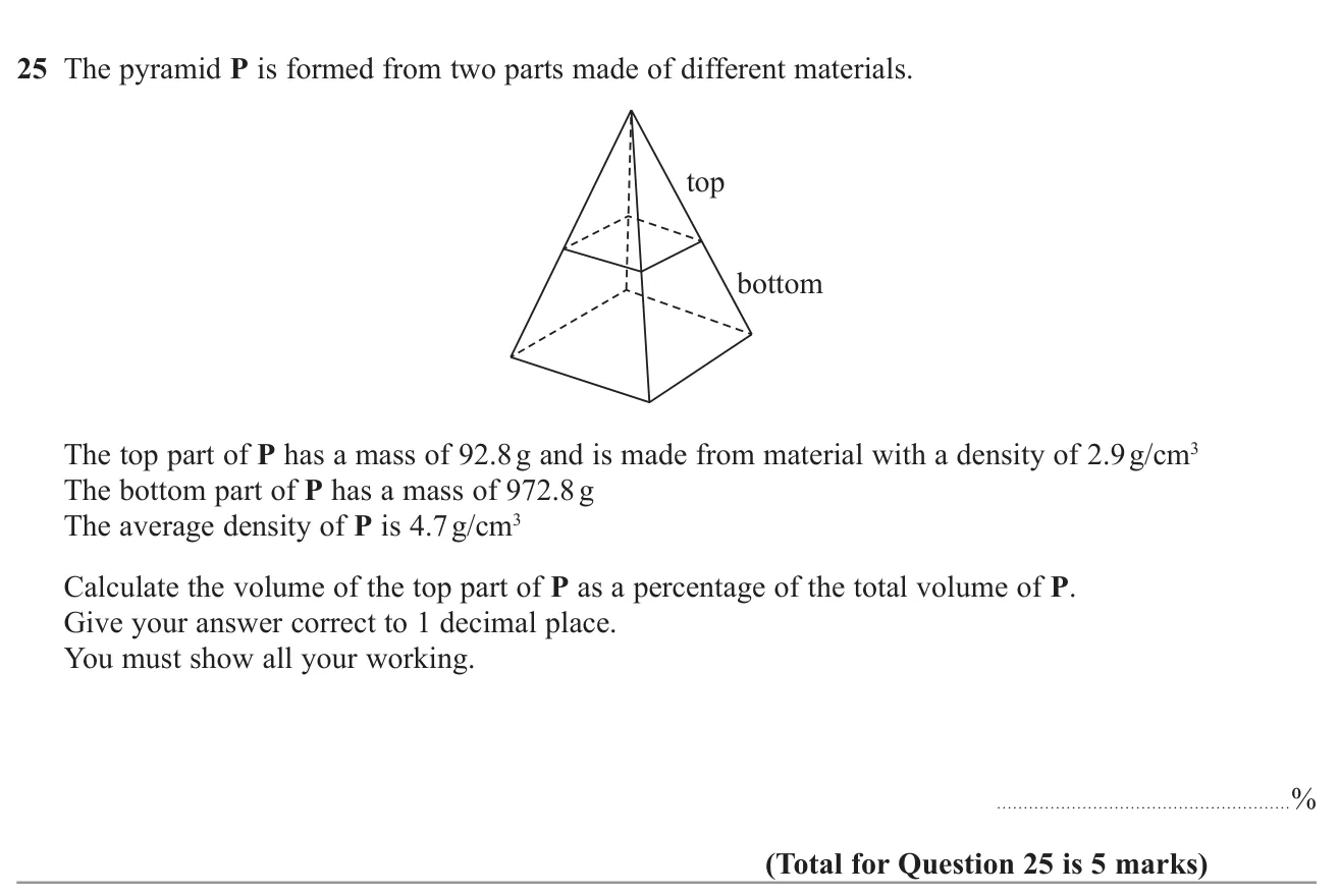 Use masses and densities of two parts of a solid to find one part's share of the total volume as a percentage.