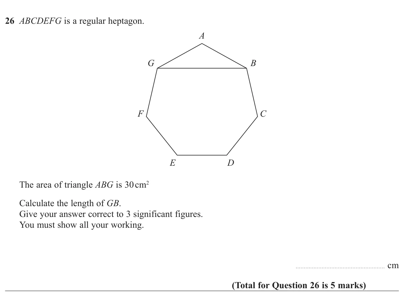 Find a diagonal of a regular heptagon from the area of a triangle formed by two sides.