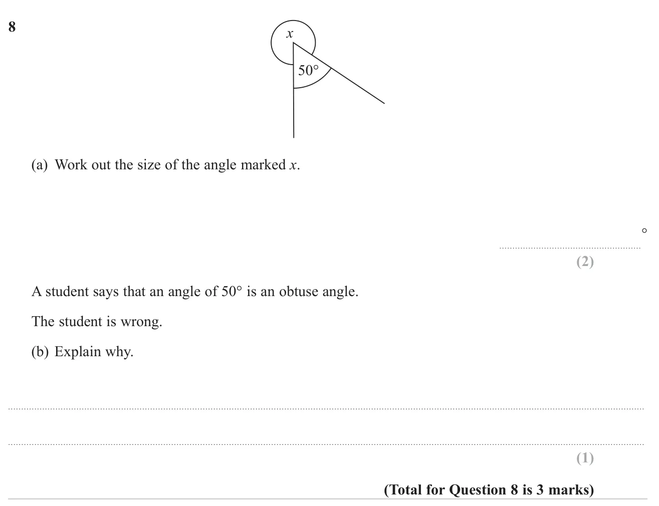 Find a reflex angle at a point and explain why a given angle is not obtuse.