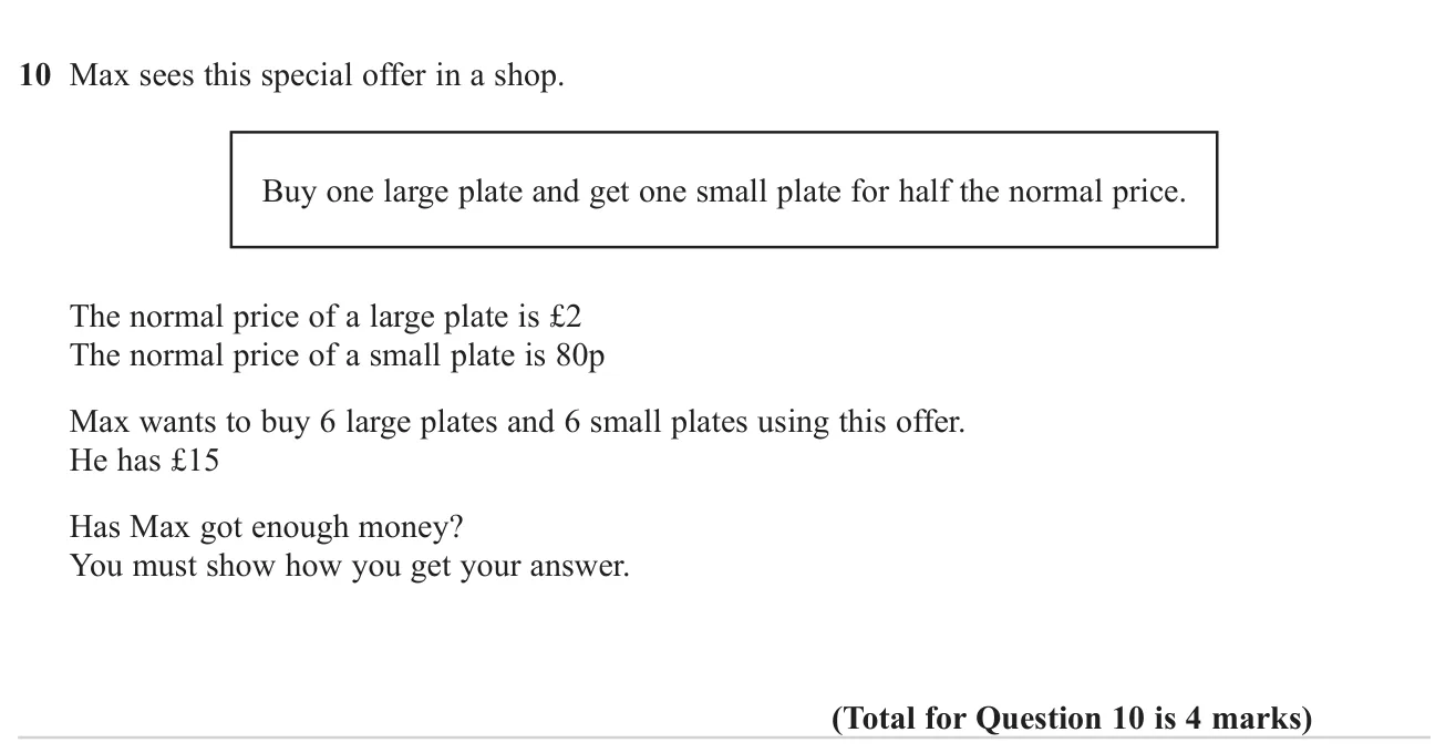 Decide whether £15 covers a set of plates bought using a half-price offer.