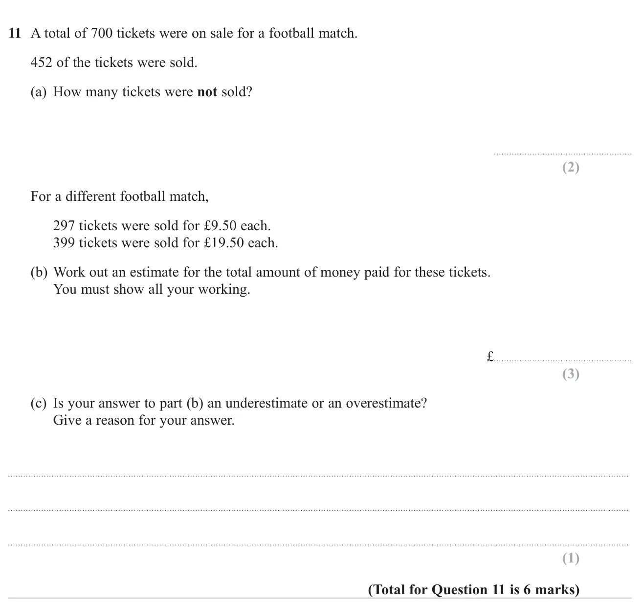 Subtract to find unsold tickets, estimate ticket income by rounding, and say if the estimate is too high or low.