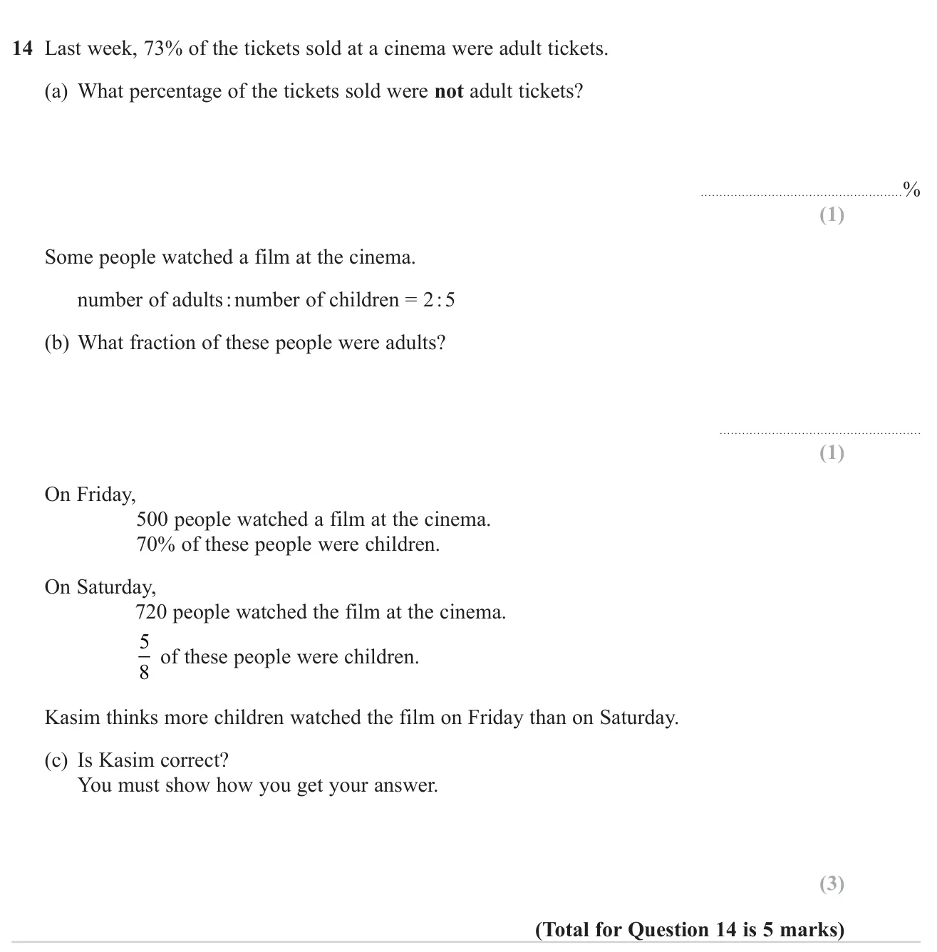 Find a percentage complement, turn a ratio into a fraction, and compare numbers of children on two days.