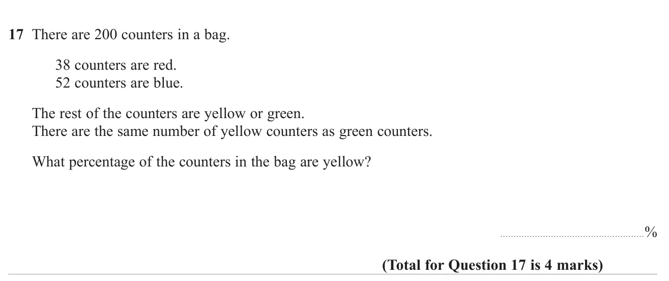 Find what percentage of a bag of counters are one colour when two colours share the remainder equally.