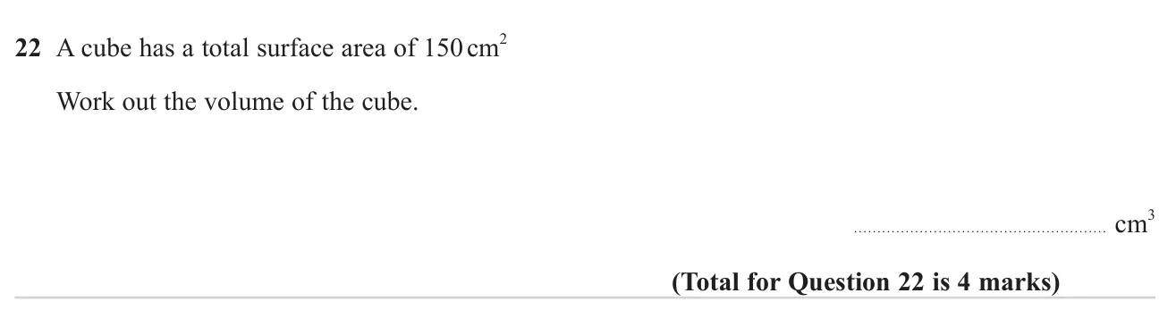 Use a cube's surface area to find its volume.