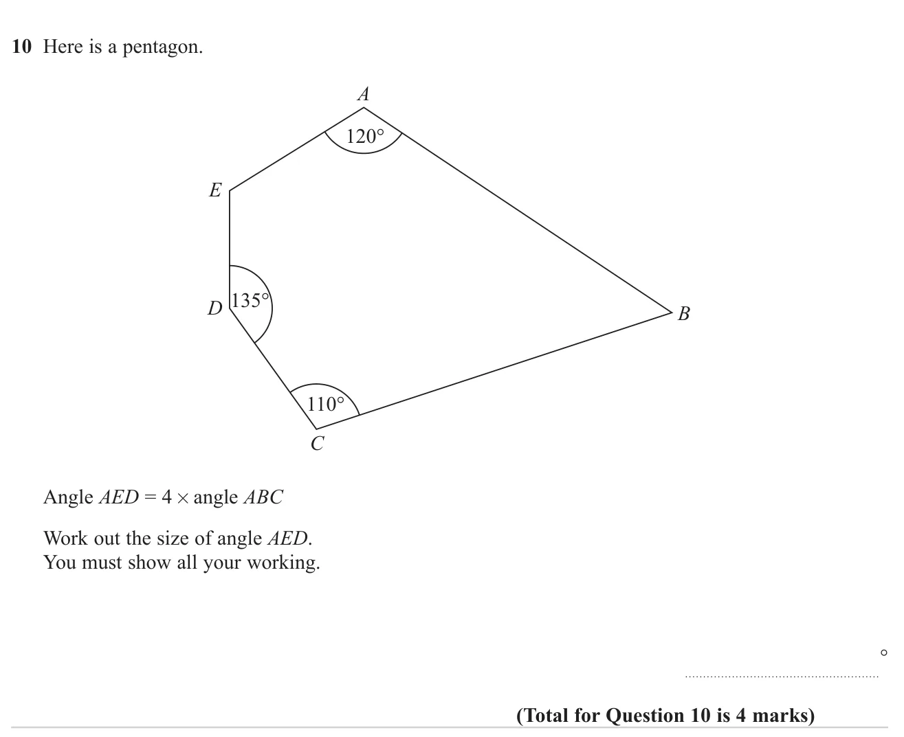 Use the angle sum of a pentagon and a given multiple between two unknown angles to find one of them.