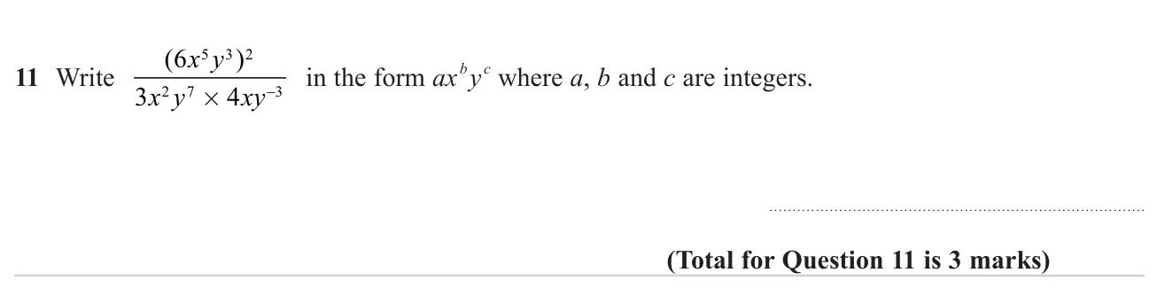 Simplify an algebraic fraction involving powers of x and y into a single term.