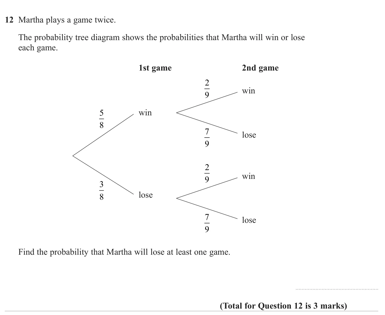 Use a probability tree for two games to find the chance of losing at least once.