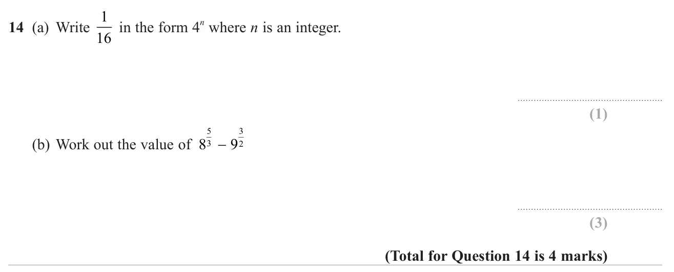 Write a unit fraction as a negative power of 4, and evaluate the difference of two numbers raised to fractional powers.