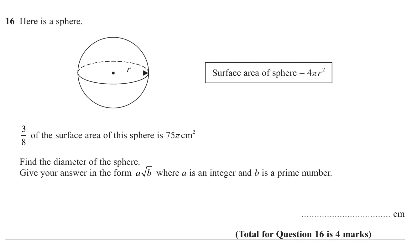 Given a fraction of a sphere's surface area, find its diameter as a simplified surd.