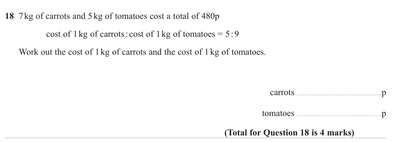 Use a ratio of unit prices and a total cost to find the price per kilogram of two vegetables.