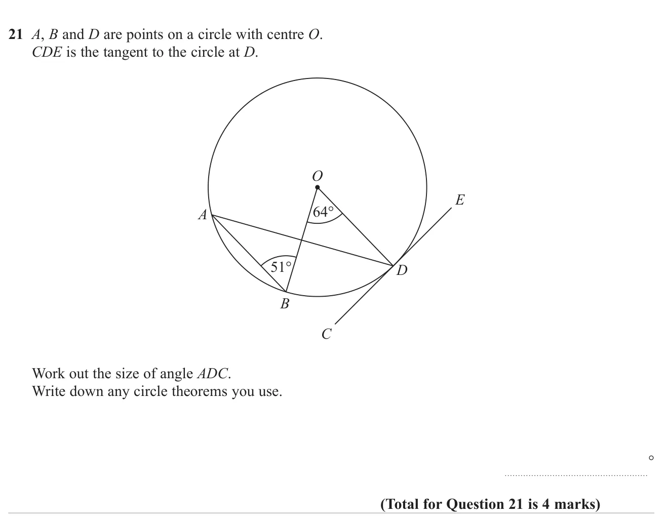 Use circle theorems with a centre angle and a tangent to find an angle between a chord and the tangent.