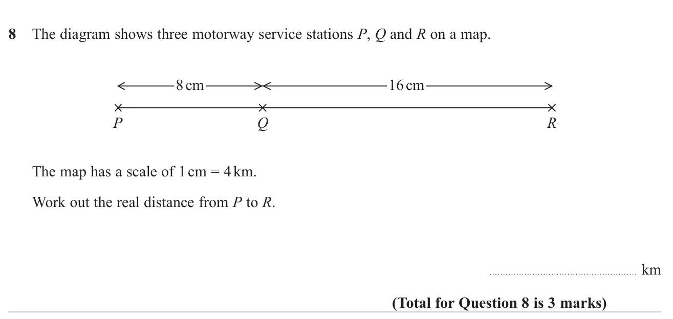 Use a map scale to find the real distance of a journey made of two measured legs.
