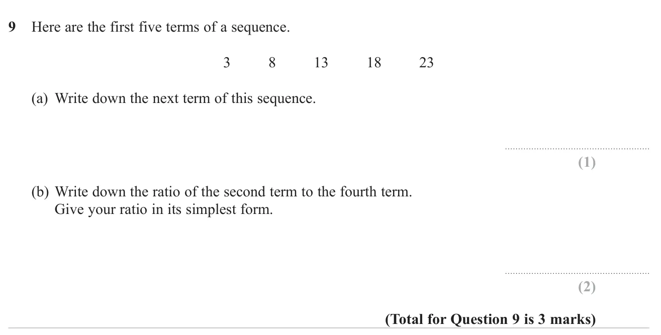 Give the next term of a linear sequence, then write the ratio of two of its terms in simplest form.