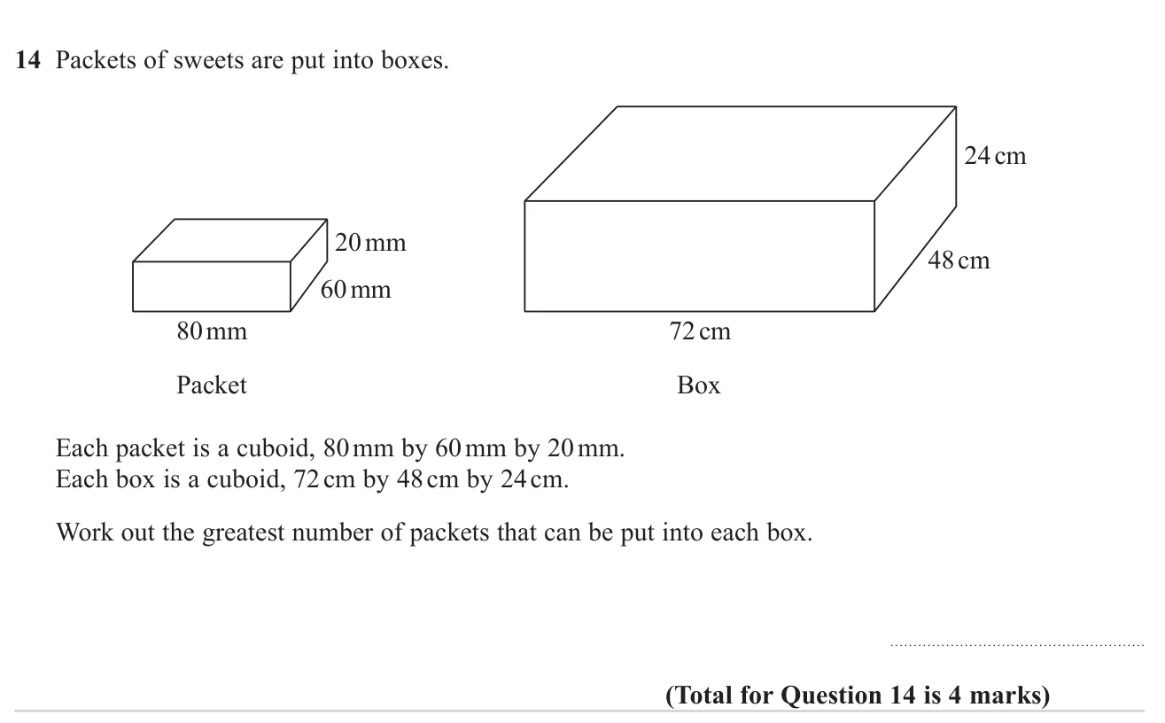 Find how many small cuboid packets fit into a larger cuboid box when the sizes are in different units.