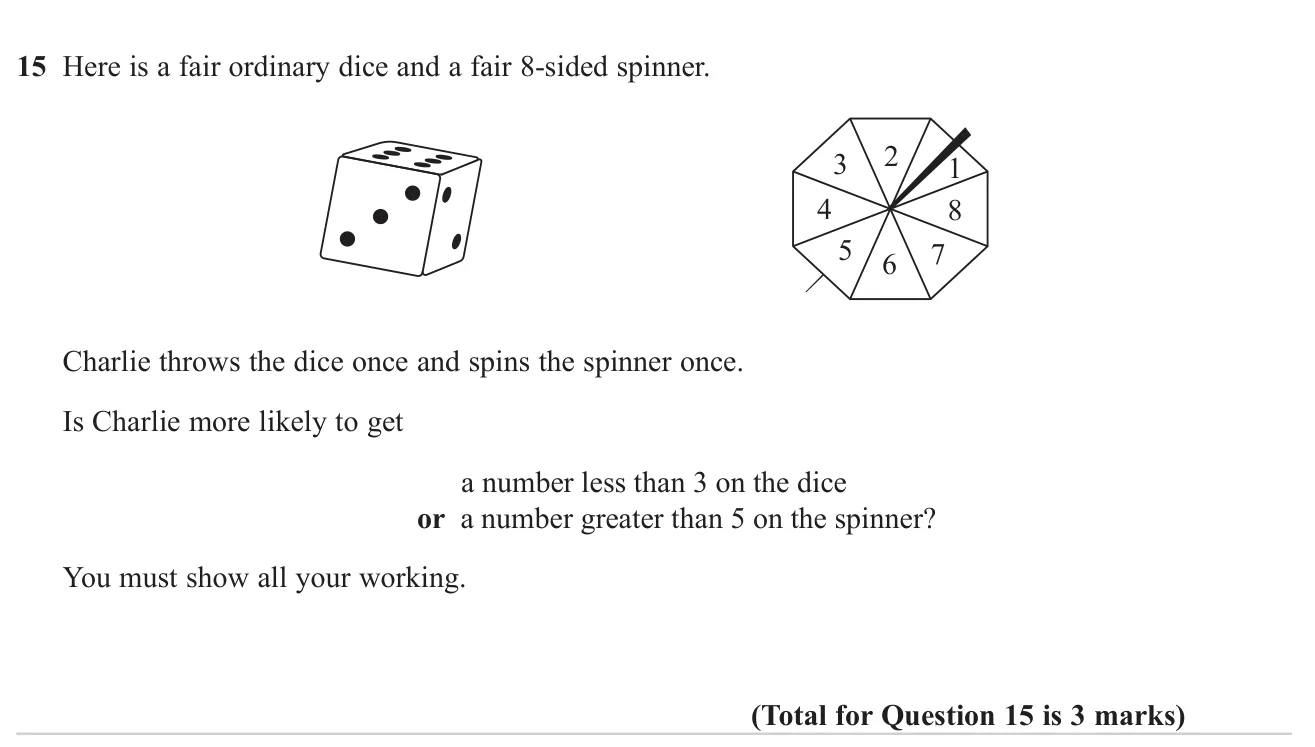 Compare the probability of a low score on a dice with a high score on an eight-sided spinner.