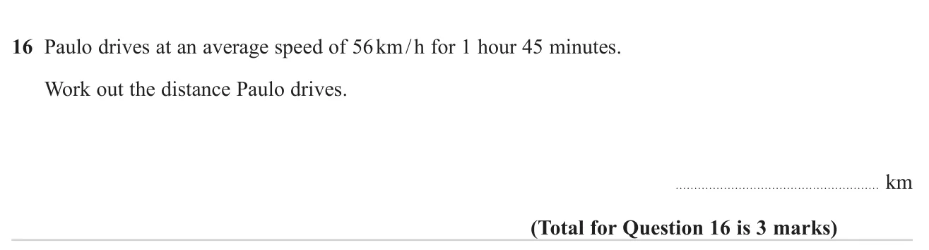 Work out a distance from an average speed and a time in hours and minutes.