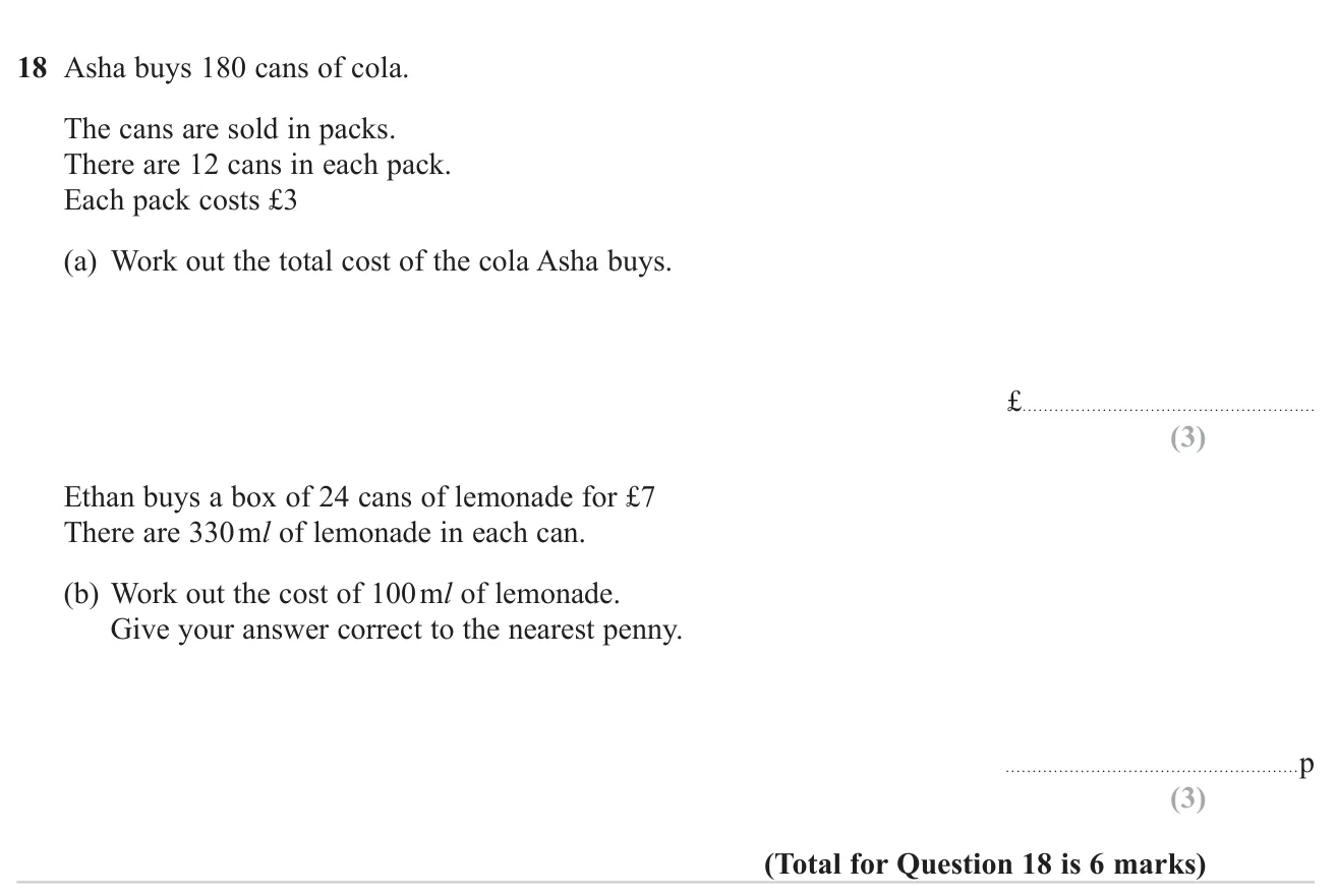 Find the cost of buying cans in packs, then the cost of 100 ml of a drink bought in a box.