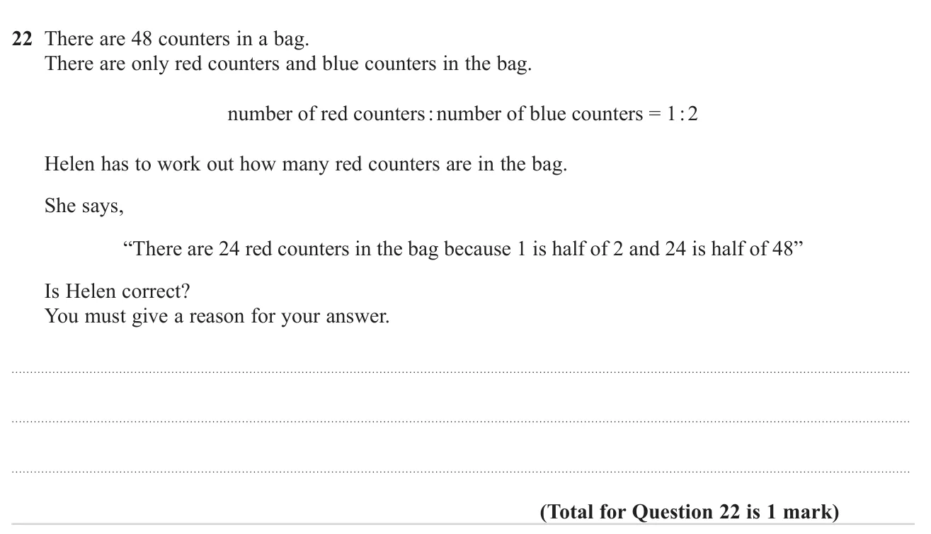 Decide whether a claim about how many red counters there are, given a red-to-blue ratio, is correct.