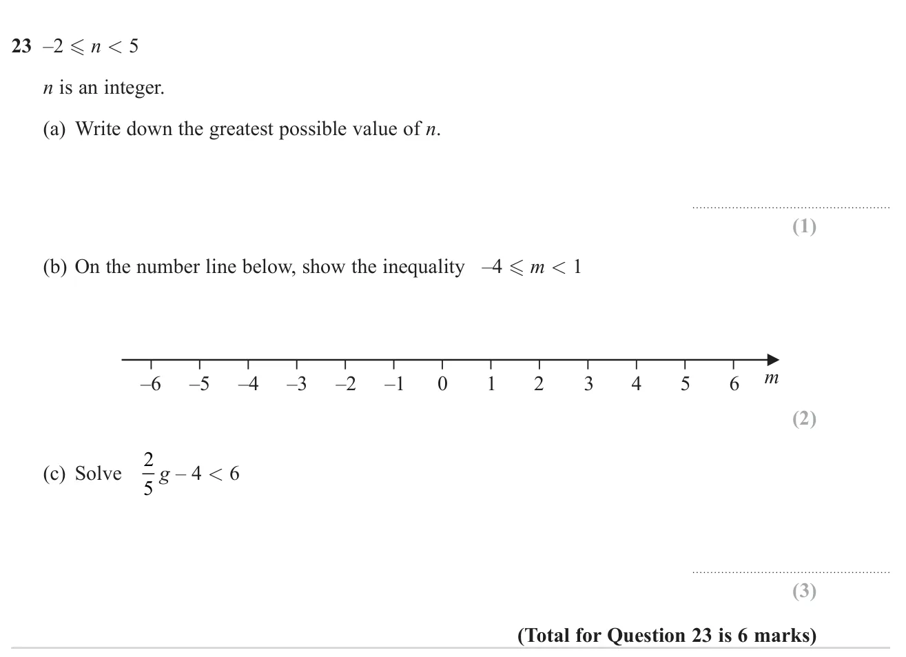 Find the greatest integer in an inequality, show another inequality on a number line and solve a linear inequality with a fraction.
